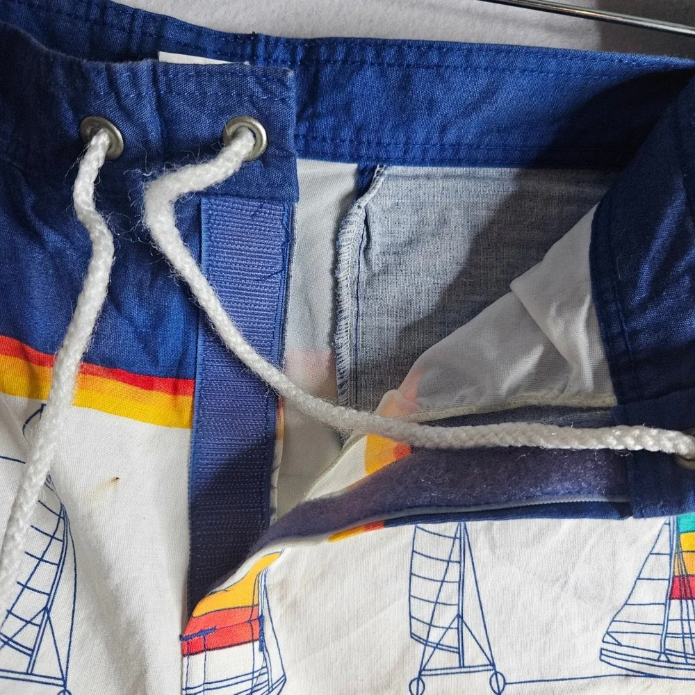 Vintage Hobie Sailboat Board Shorts Mens 34 Blue Rainbow Stripe 80s Surf Trunks